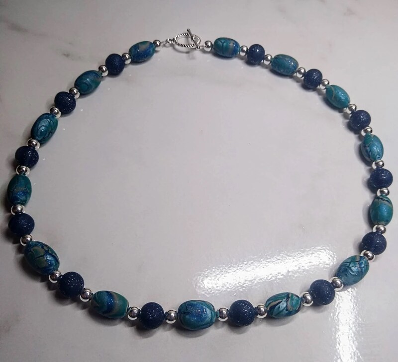 Blue Mokume Gane Polymer Clay Necklace